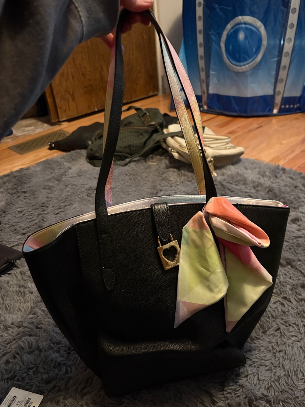 Betsey Johnson Black Tote with Pastel Accent Scarf